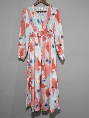 NWT Sissyaki Floral Coral and Mint Maxi Dress V-Neck Long Sleeve Sz M Puff